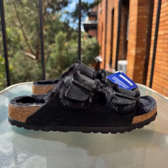 New Birkenstock Arizona Shearling Sandals in Suede Black US 8 / EUR 39 - Picture 3 of 12